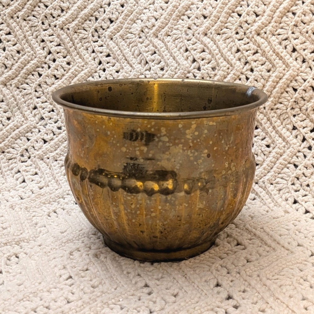 Vintage Brass Planter Pot Ribbed Gadroon Bowl Made in India Aged Patina 7 Inch